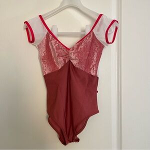 Red Velvet Leotard with Sheer Sleeves